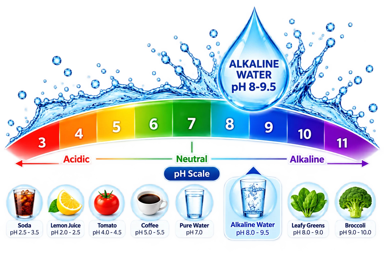 Colour-coded pH scale from 3 (acidic, red) through 7 (neutral, green) to 11 (alkaline, violet), with a water droplet marking alkaline water and everyday examples such as soda, lemon juice, tomato, coffee and pure water placed along the scale