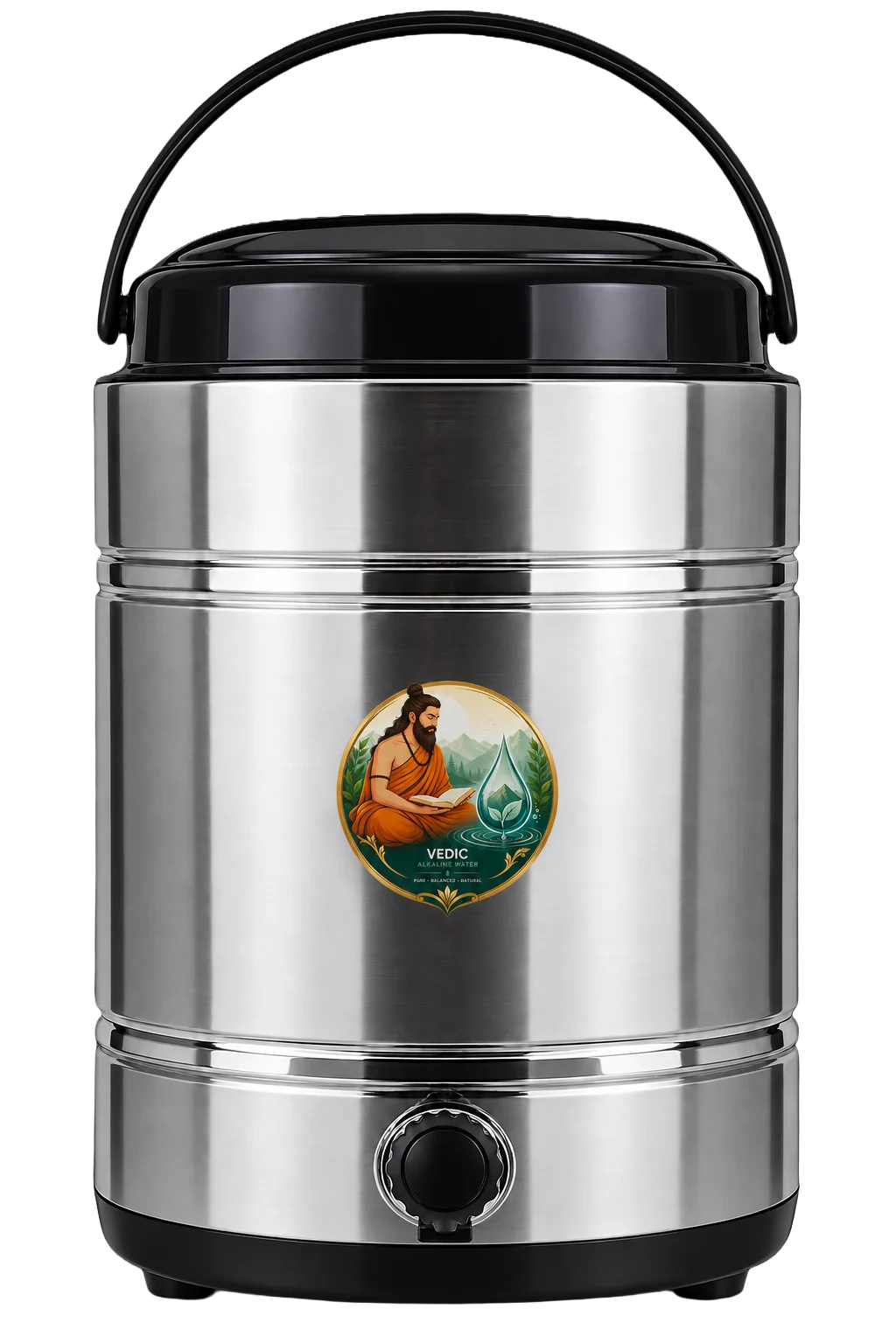 Stainless steel alkaline water converter jug with carry handle and dispensing tap